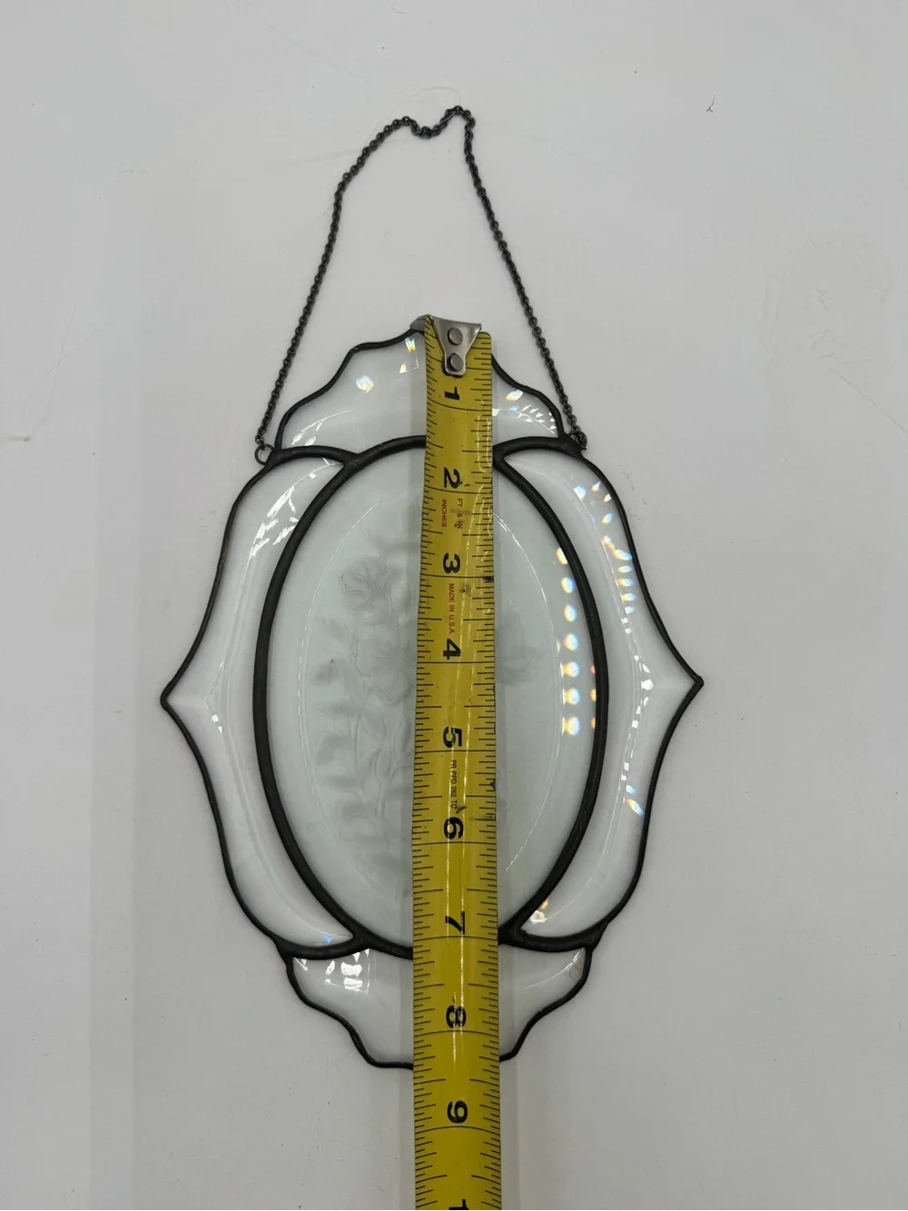 Vintage Leaded Stained Glass Hanging Suncatcher Etched Floral Oval Window Panel